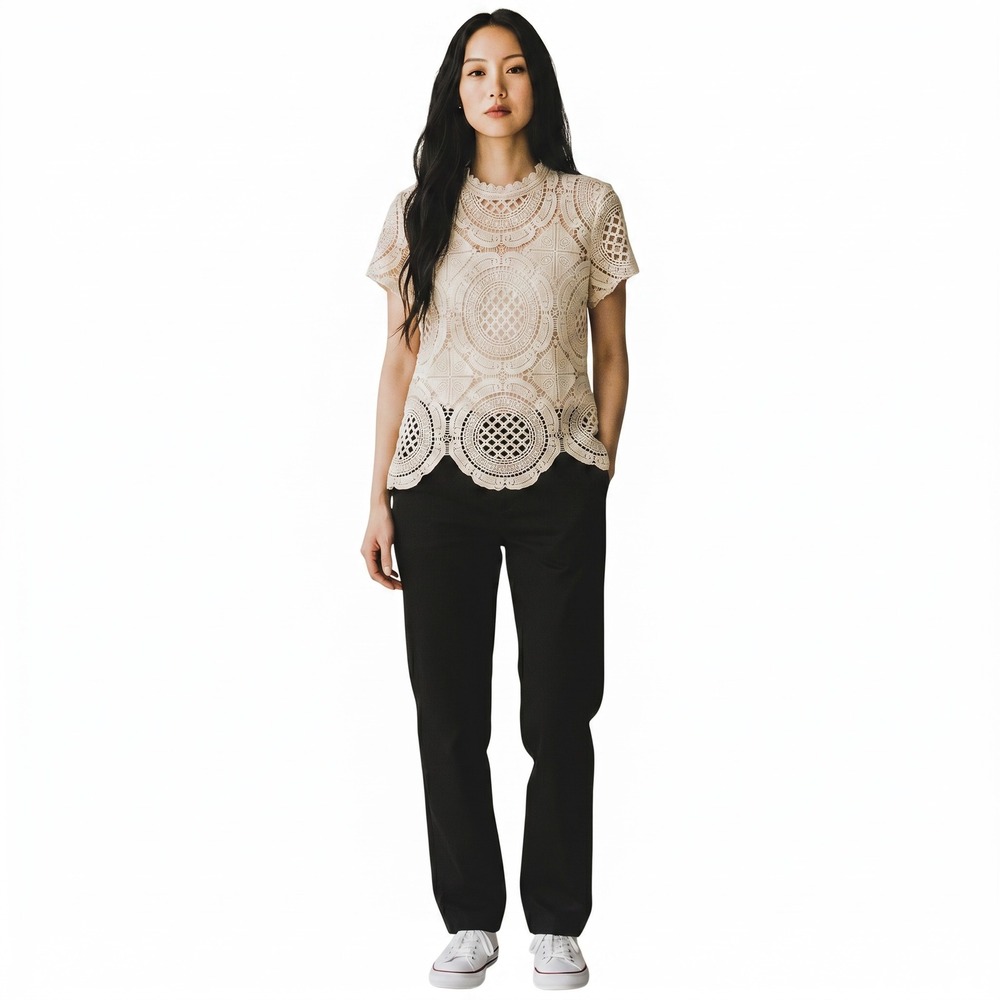 Ultra Pink Women's Cream Geometric Lace Mock Neck Scalloped Hem Blouse Top Large